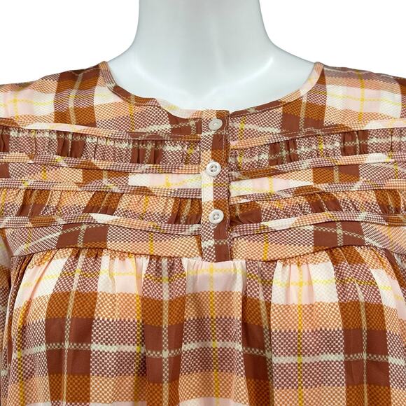 Lauren Conrad‎ Top Womens Small Tan Plaid Satiny Sheer Fall Western Country Boho - Picture 2 of 8